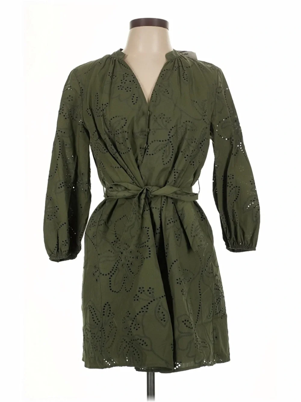 NWT Zara Olive Eyelet Floral Embroidered Tie-Waist Dress - Picture 2 of 3